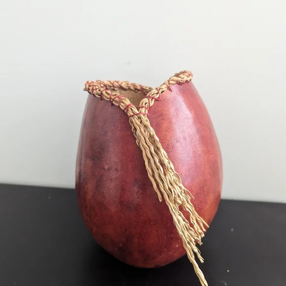 Handcrafted Red Gourd Vase with Woven Trim - Picture 3 of 4